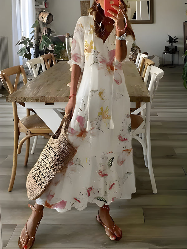 Dam Bohemisk Maxiklänning | Lätt Sommarstil | V-ringning & Justerbar Midja | Polyester