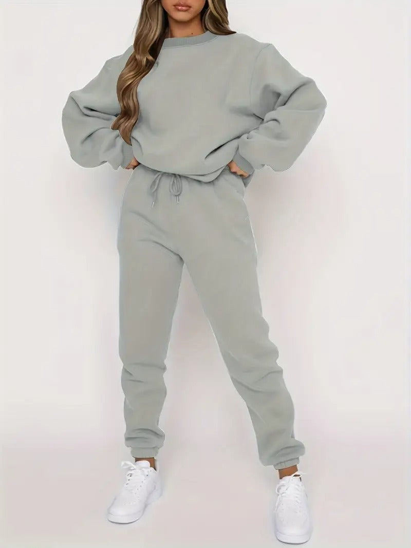Damset | Sweatshirt & Sweatpants | Effen Design & Avslappnad Passform i Polyesterblandning