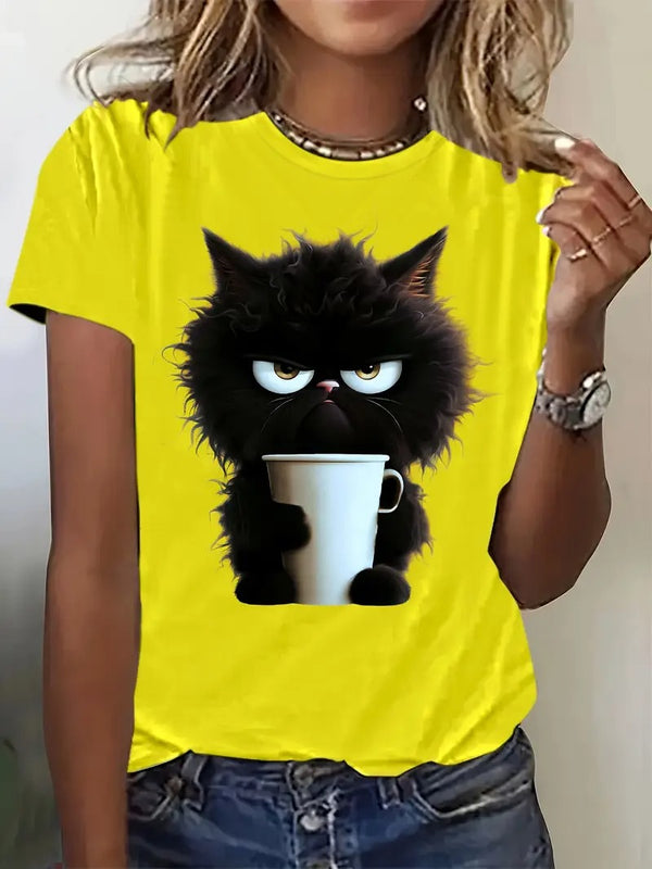 Dam T-shirt | Söt Kattenprint & Rund Hals | Avslappnad Kortärmad Top för Vår & Sommar