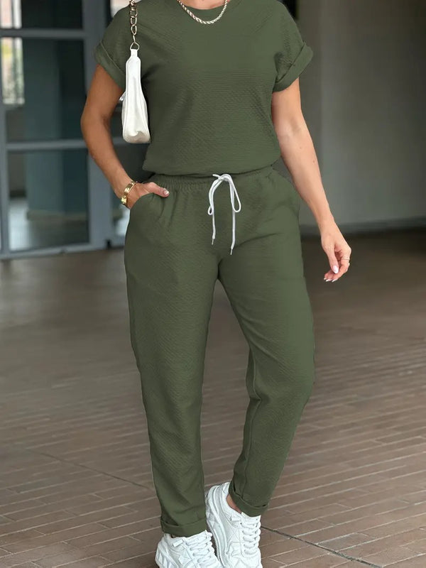 Damsset | Minimalistisk Design & Justerbar Midja | Tvådelad Bekväm Sportlook i Polyester för Vår/Sommar