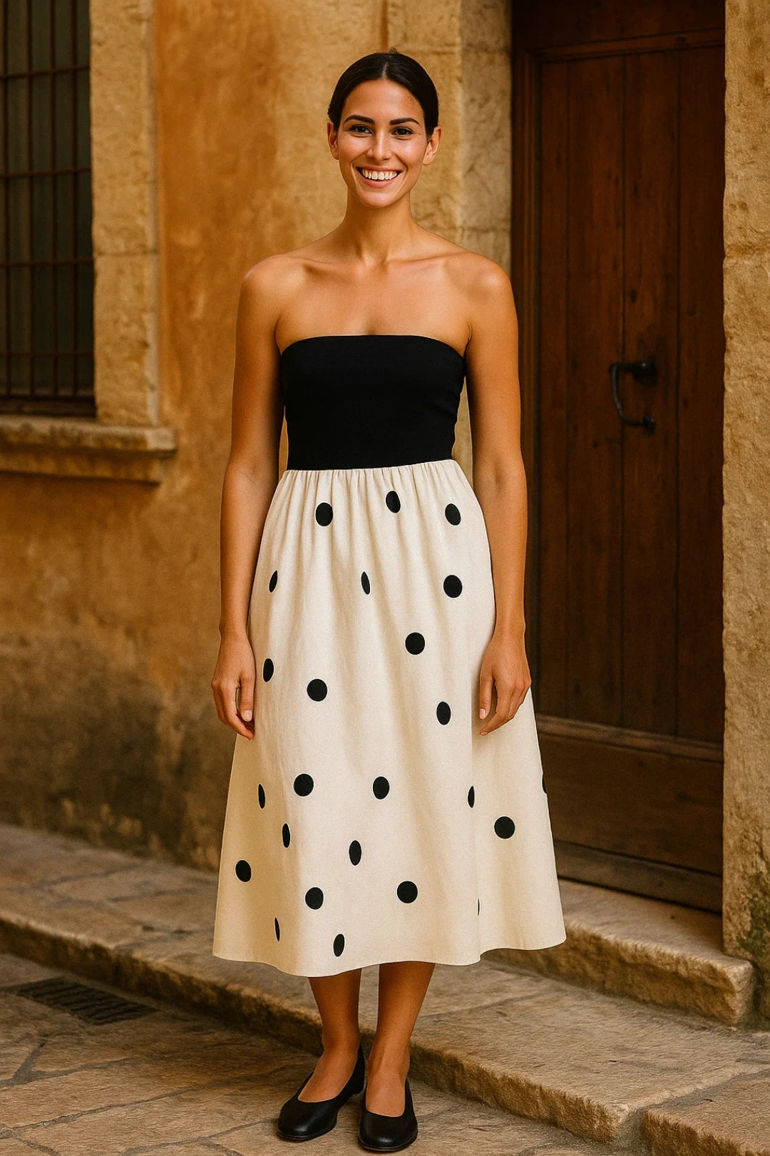 Dam Klänning | Strapless Midi | Prickig Design | Sommar