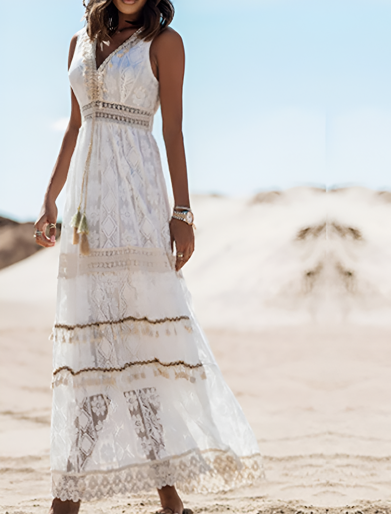 Kvinnor Klänning | Boho Stil | Spets & Fransar | Ärm- & Golvlång Sommarklänning