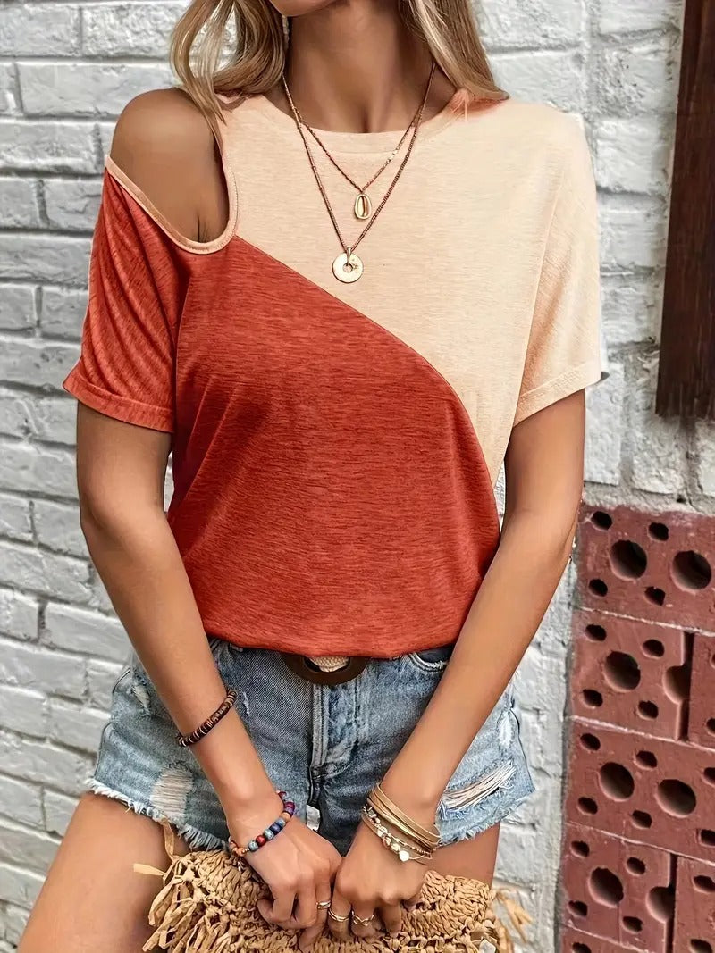 Kvinnors Cold Shoulder Topp | Färggrann & Kort Ärm | Vår & Sommarstil