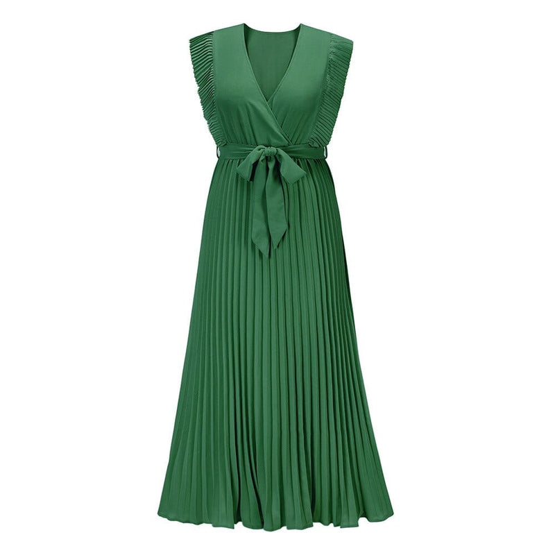 Dam Boho Klänning | V-ringad Elegans | Flödande Passform & Livfstickad strukturt Grön | Polyester