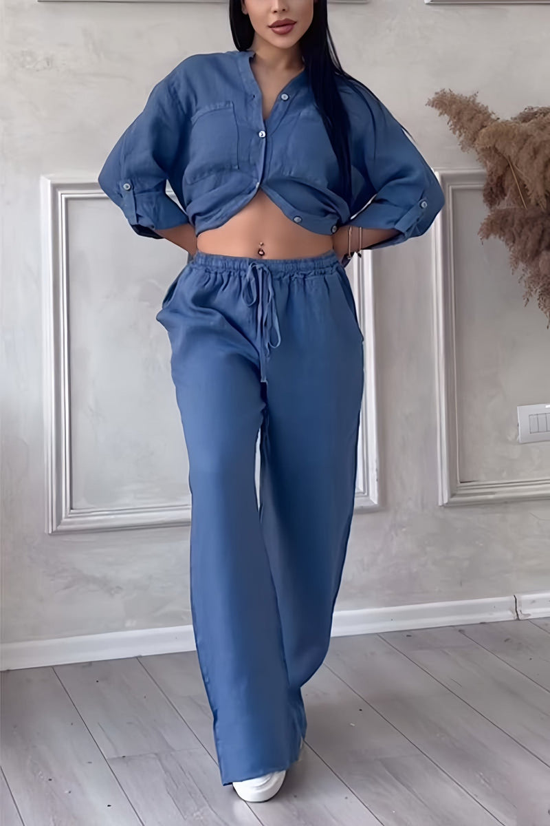Tvådelad damkostym | Avslappnad skjorta med bröstficka & byxor med vida ben | Mjuk och följsam polyester