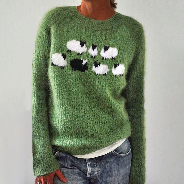 Damtröja | Lös Passform & Vintage Stil | Vinterstickad med Rund Hals | Polyester