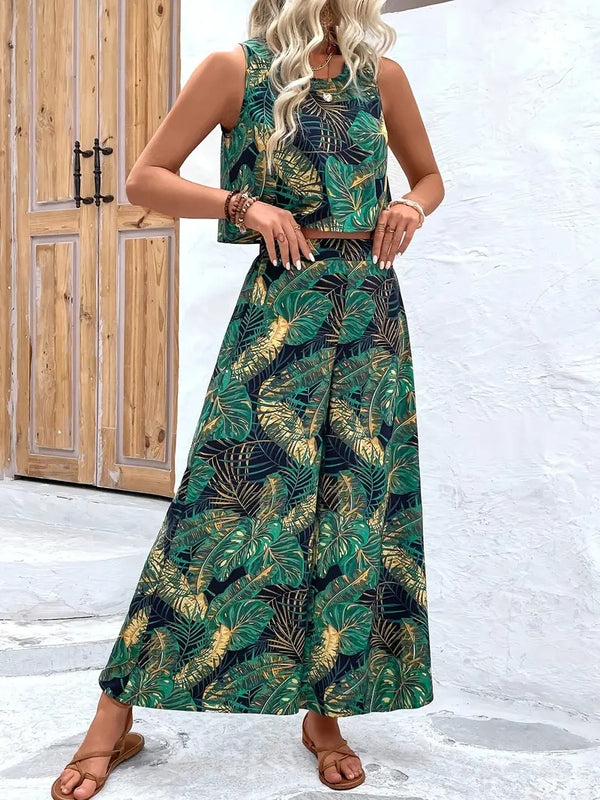 Damset | Ärmös Topp & Byxor | Unik Bladprint & Elegant Sommarstil | Polyesterkomfort
