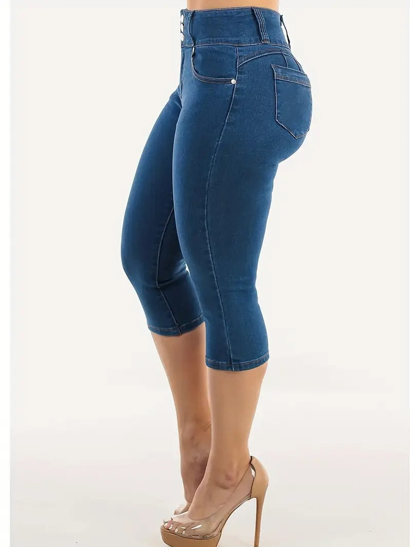 Dams Capri Jeans | Stretchig & Hög Midja | Knappdetalj & Vardagsstil