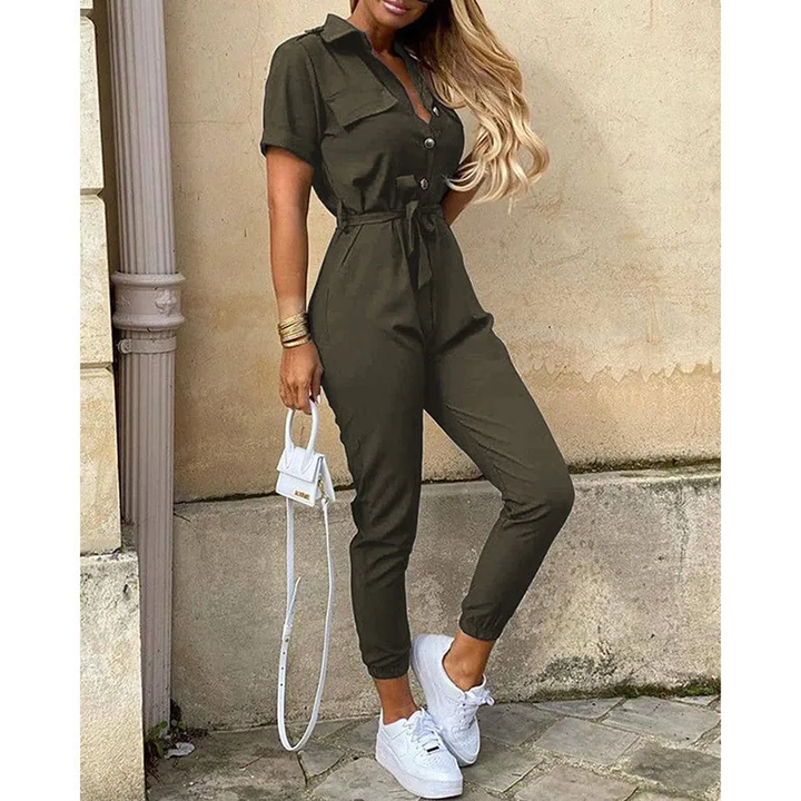 Jumpsuit för Dam | Kort Ärmsmodell med Krage | Elegant Passform &amp; Bälte | Polyester