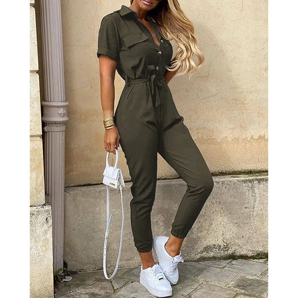Jumpsuit för Dam | Kort Ärmsmodell med Krage | Elegant Passform & Bälte | Polyester