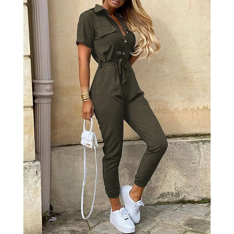Jumpsuit för Dam | Kort Ärmsmodell med Krage | Elegant Passform & Bälte | Polyester