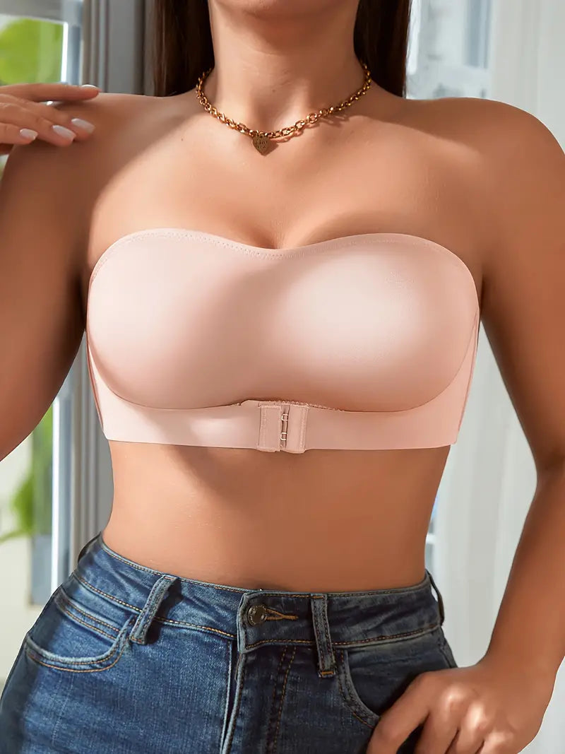 BH för kvinnor | Axelbandslös & Push-Up | Silikonstretch & Frontspänne | Enfärgad Tube Top