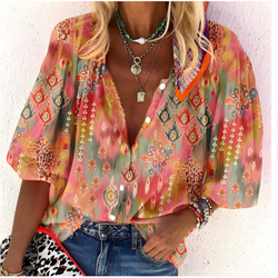 Dam Blus | Elegant V-ringning med Tryck | Bekväm & Kontorsklar | Polyester