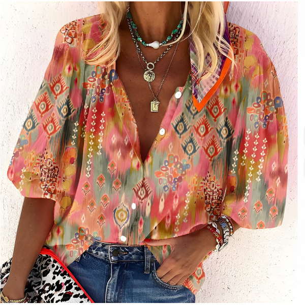 Dam Blus | Elegant V-ringning med Tryck | Bekväm & Kontorsklar | Polyester