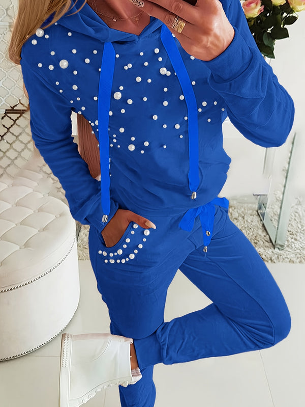 Damset | Avslappnat & Dekorativt | Stickad Hoodie & Byxa med Pärldetaljer