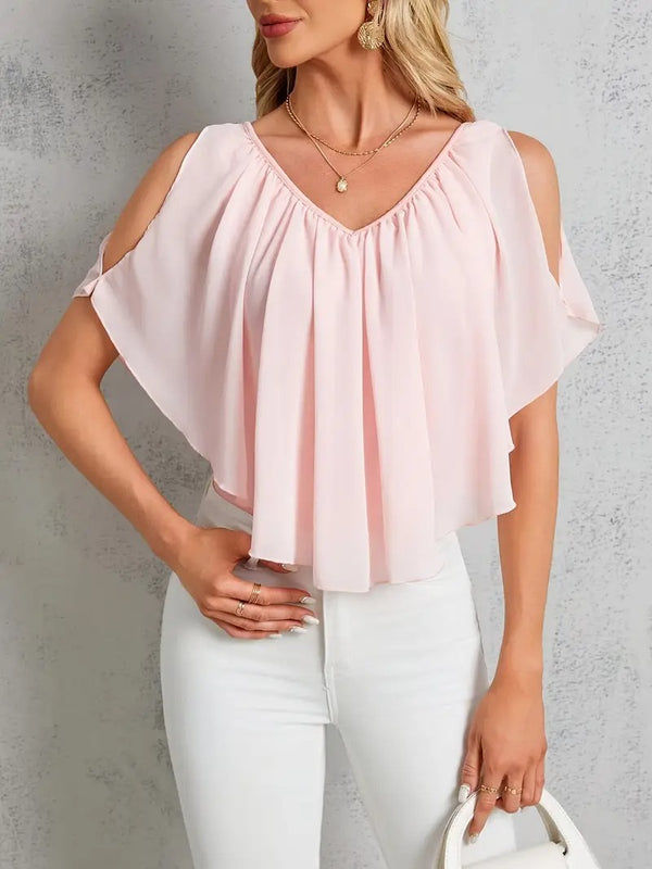 Damtopp | Off-Shoulder med Plissering & Vleermuismouw | Effen Färg & Kort Modell | Somrig Stil