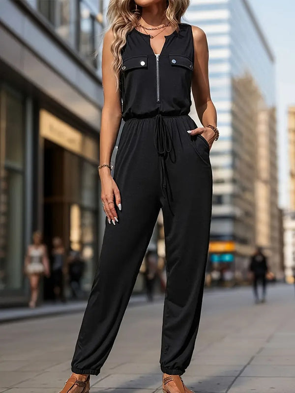 Dams Jumpsuit | Ärmös V-ringning & Fickor | Svart & Året Runt