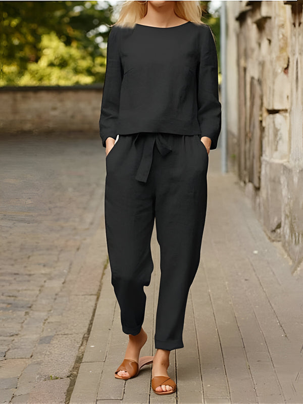 Damset | Vintage Topp & Vida Byxor | Bomstickad strukturslätt sommarväv, naturlig struktur & Boho Stil | Tvådelad Sommaroutfit