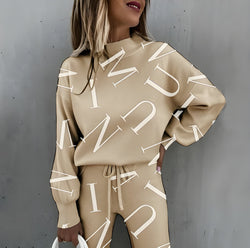 Tvådelat Set för Dam | Tryckt Träningsdräkt | Långärmad Topp & Byxor | Trendig & Bekväm Loungewear