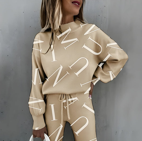 Tvådelat Set för Dam | Tryckt Träningsdräkt | Långärmad Topp & Byxor | Trendig & Bekväm Loungewear