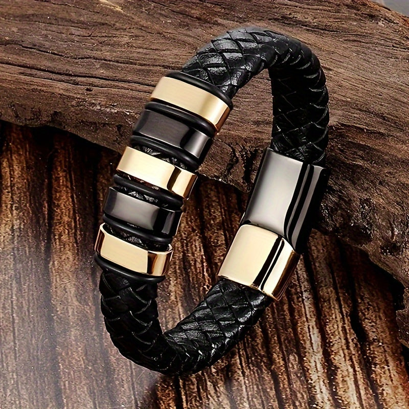 Herr Armband Svart Kunstläder - Magnetisk Stängning - Svart-Guld