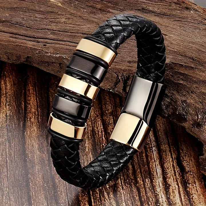 Herr Armband Svart Kunstläder - Magnetisk Stängning - Svart-Guld