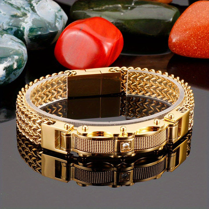 Herr Armband Titanium Stål Fyrkantig Design - Magnetisk Låsning - Guld