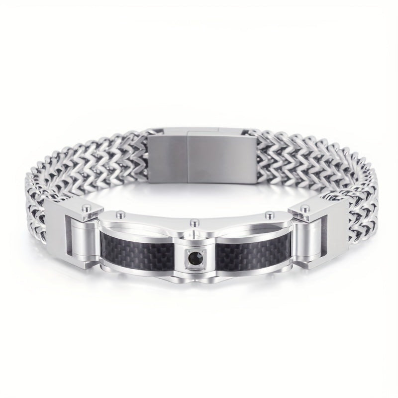 Herr Armband Titanium Stål Fyrkantig Design - Magnetisk Låsning - Silver + Svart