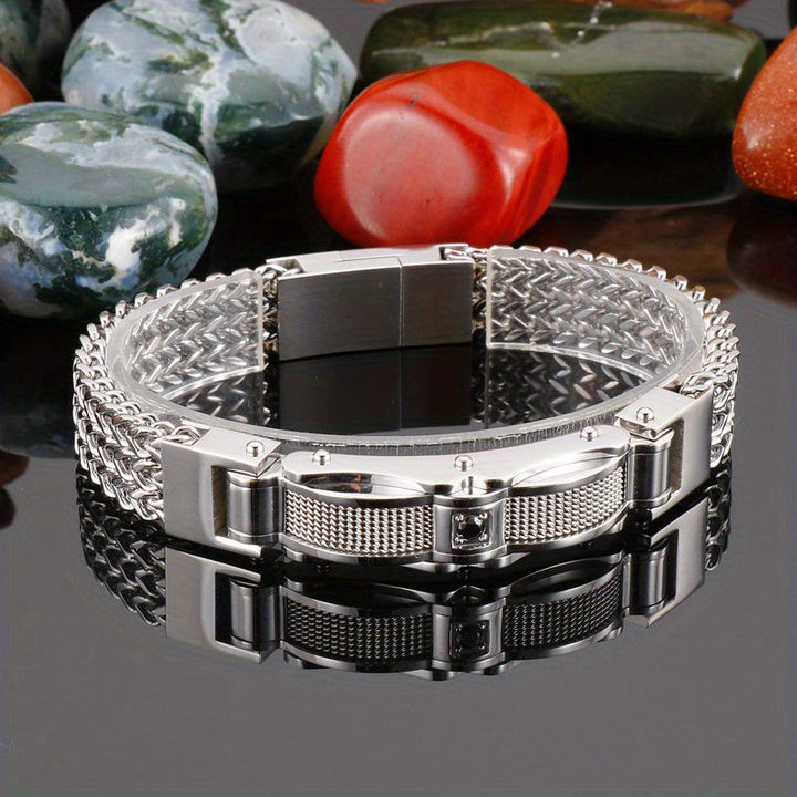 Herr Armband Titanium Stål Fyrkantig Design - Magnetisk Låsning - Silver