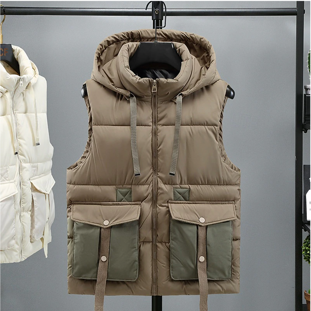 Herr Bodywarmer Avtagbar Huva - Varm &amp; Funktionell - Khaki