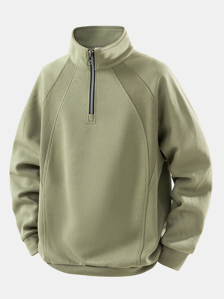 Herr Bomullsblandning Quarter Zip Sweatshirt in olivgrön, Avslappnad Passform