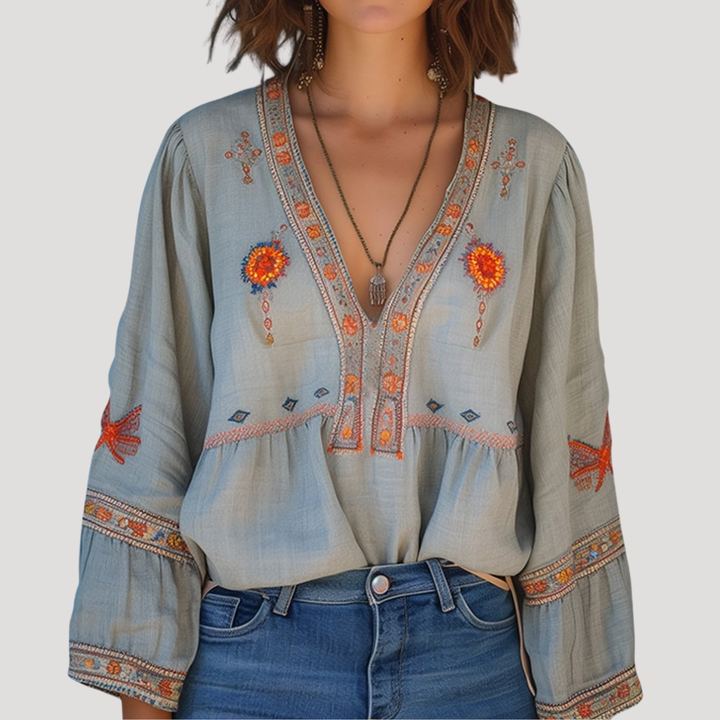Dam Broderad Bohemisk Blus - Luftig Sommarstil - Luftig V-ringning - Ljusblå