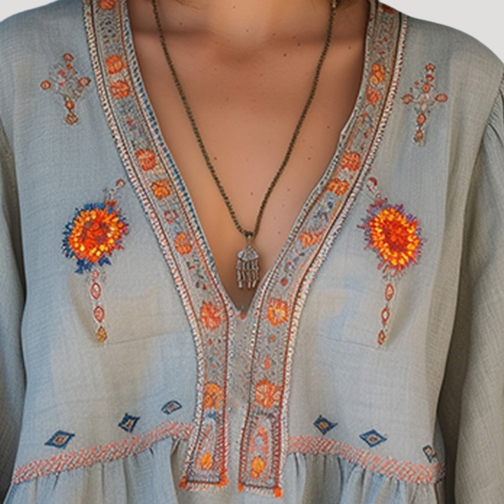 Dam Broderad Bohemisk Blus - Luftig Sommarstil - Luftig V-ringning