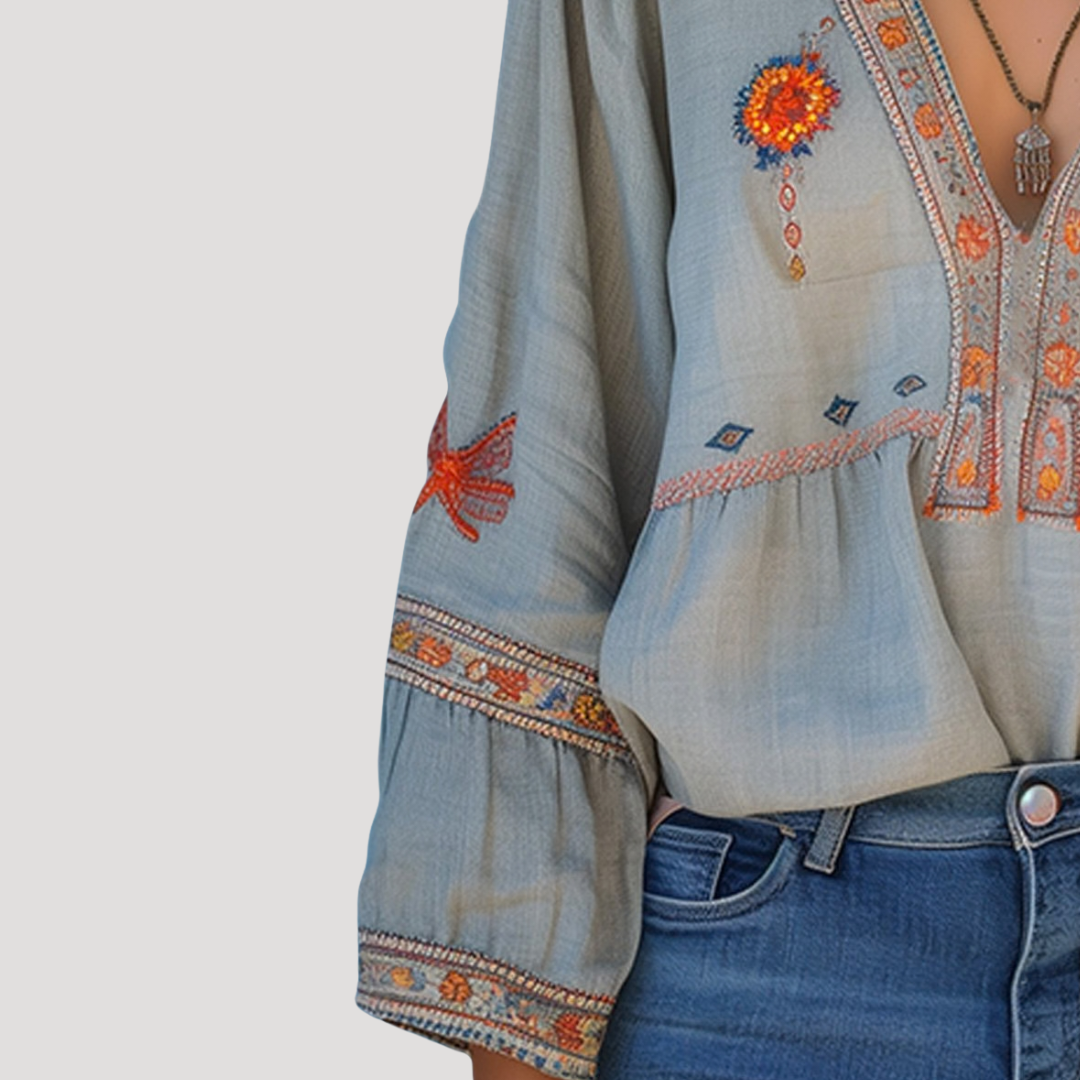 Dam Broderad Bohemisk Blus - Luftig Sommarstil - Luftig V-ringning