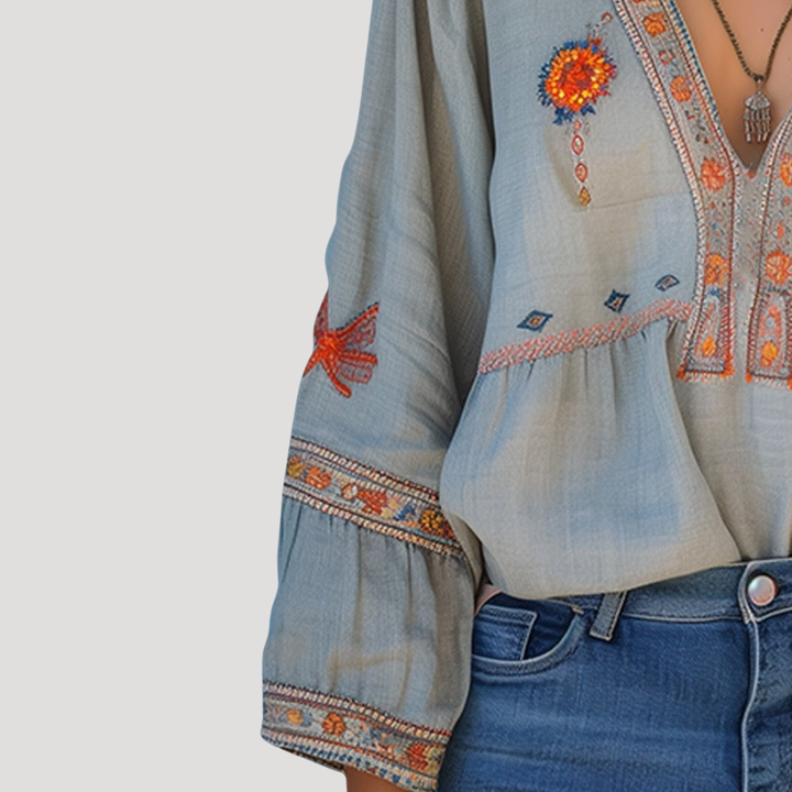 Dam Broderad Bohemisk Blus - Luftig Sommarstil - Luftig V-ringning