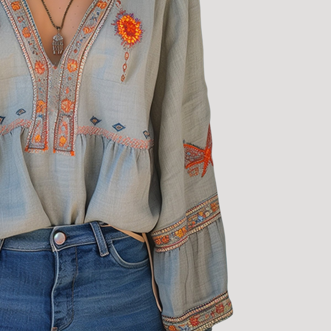 Dam Broderad Bohemisk Blus - Luftig Sommarstil - Luftig V-ringning