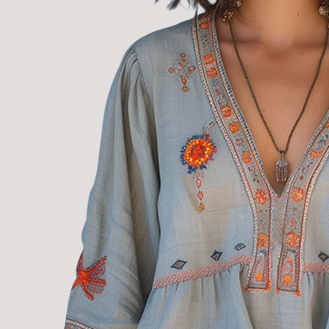 Dam Broderad Bohemisk Blus - Luftig Sommarstil - Luftig V-ringning