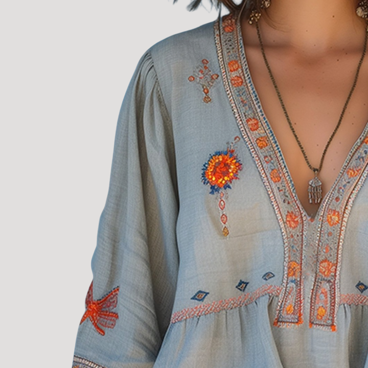 Dam Broderad Bohemisk Blus - Luftig Sommarstil - Luftig V-ringning
