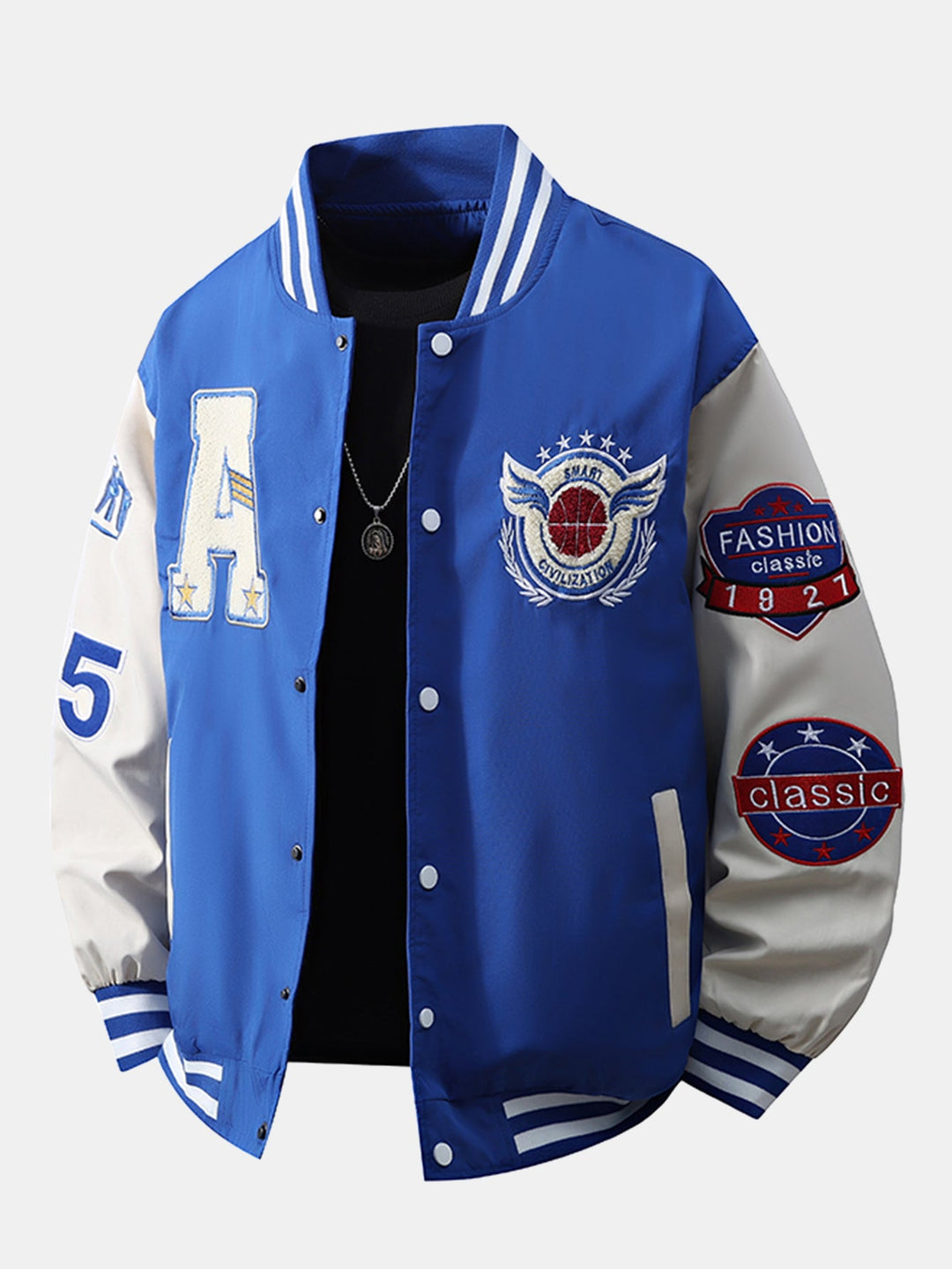 Herr Broderad Varsity Bomberjacka in blå, Relaxad Passform Streetwear