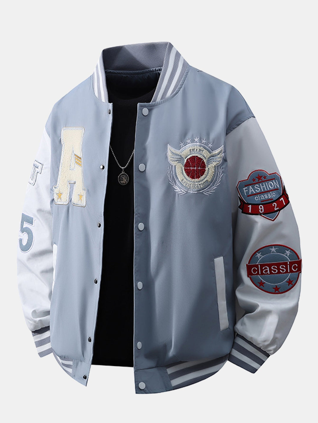 Herr Broderad Varsity Bomberjacka in ljusblå, Relaxad Passform Streetwear