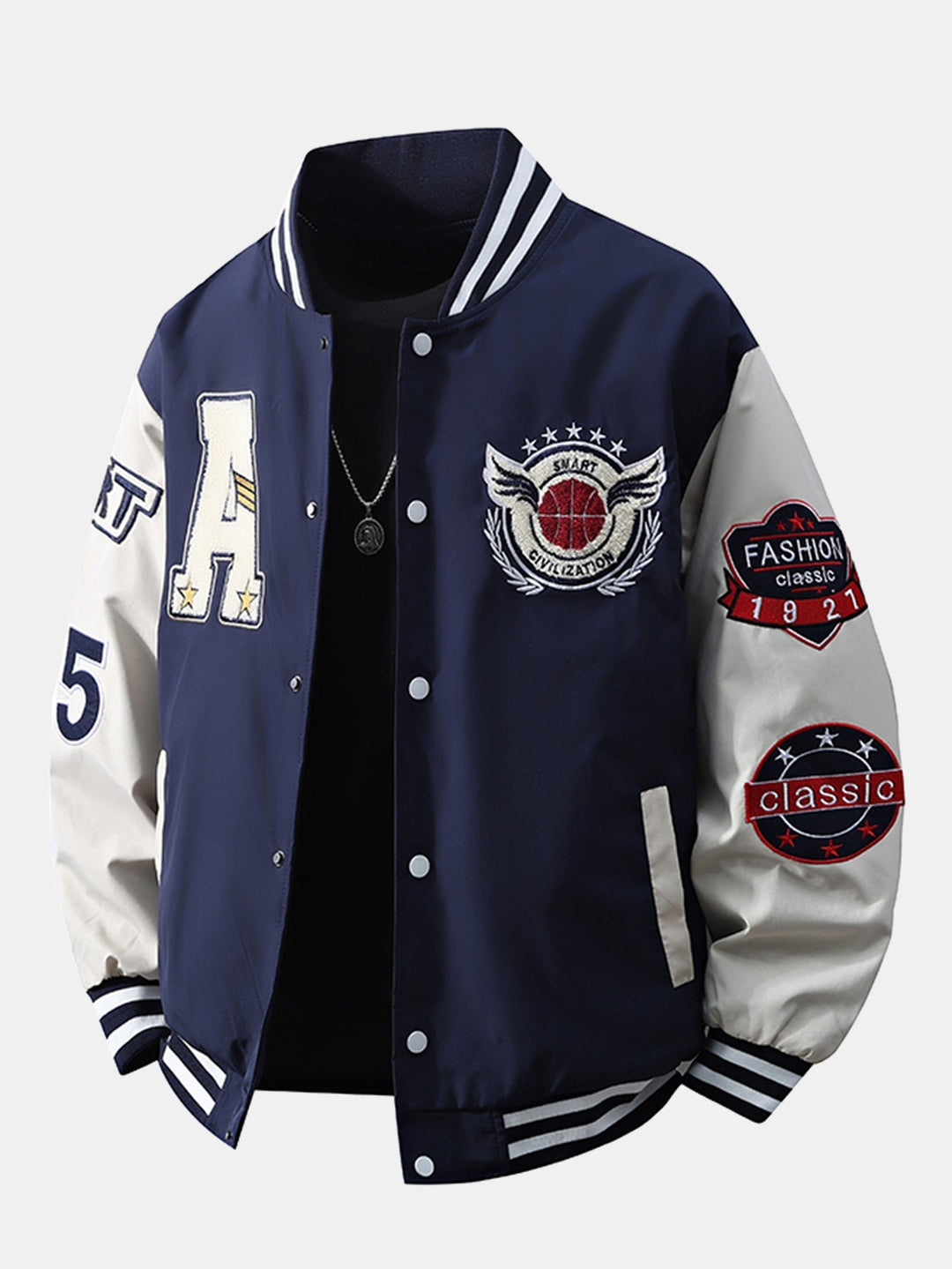 Herr Broderad Varsity Bomberjacka in marinblå, Relaxad Passform Streetwear