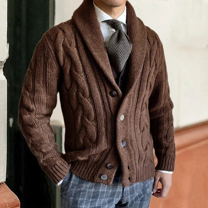 Herr Chunky Knit Cardigan - Kabelpatroon &amp; Sjaalkraag - Brun