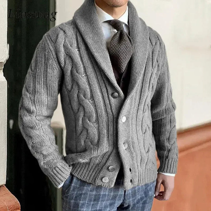 Herr Chunky Knit Cardigan - Kabelpatroon &amp; Sjaalkraag - Grå