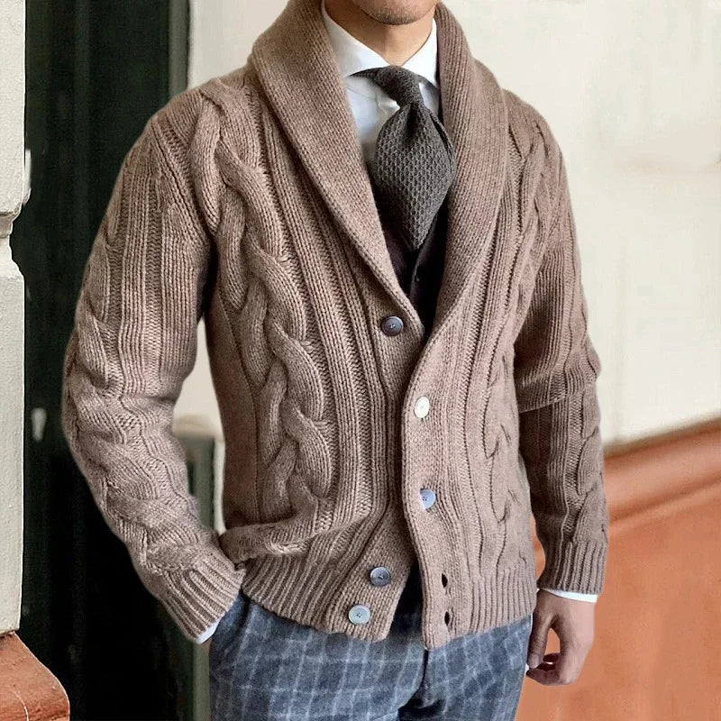 Herr Chunky Knit Cardigan - Kabelpatroon &amp; Sjaalkraag - Khaki