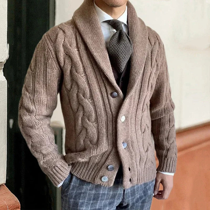 Herr Chunky Knit Cardigan - Kabelpatroon &amp; Sjaalkraag - Khaki