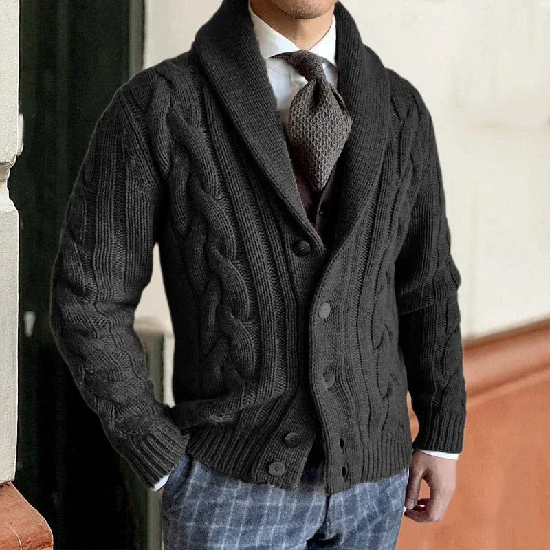 Herr Chunky Knit Cardigan - Kabelpatroon &amp; Sjaalkraag - Svart