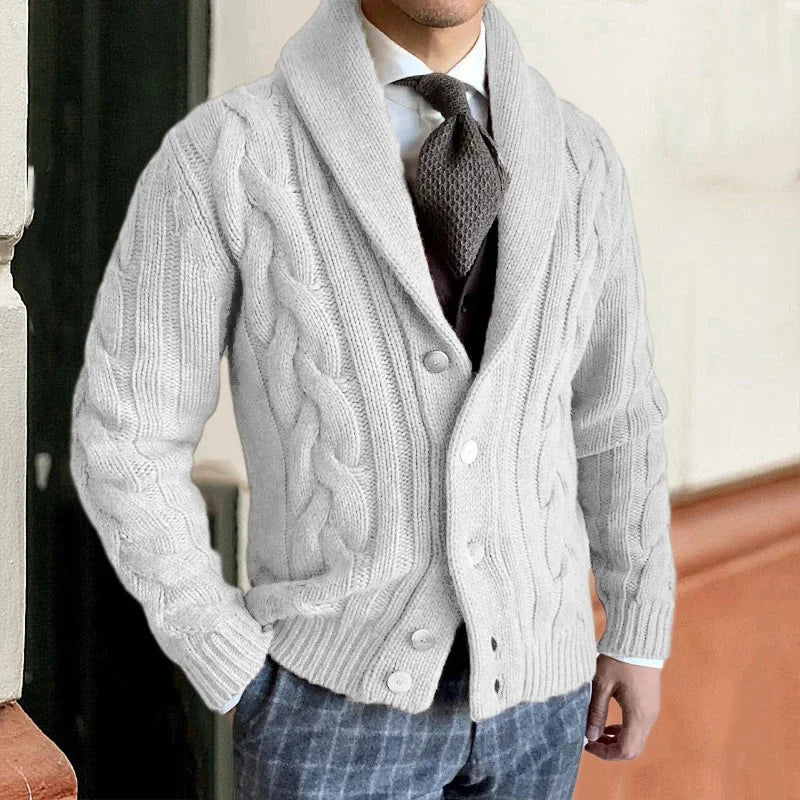 Herr Chunky Knit Cardigan - Kabelpatroon &amp; Sjaalkraag - Vit