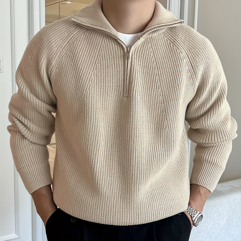 Herr Chunky Knit Tröja - Halv Dragkedja Klassisk - Khaki