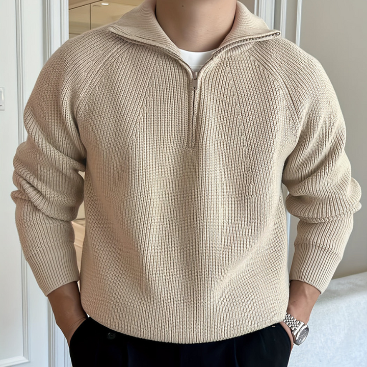 Herr Chunky Knit Tröja - Halv Dragkedja Klassisk - Khaki