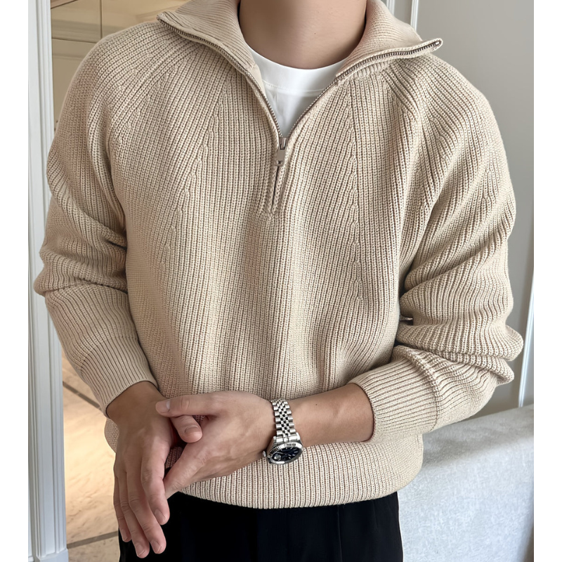Herr Chunky Knit Tröja - Halv Dragkedja Klassisk